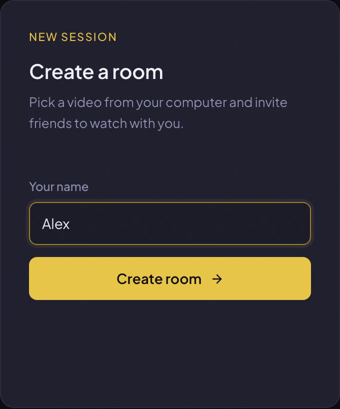 The Create a room card with a display name filled in and the Create room button.