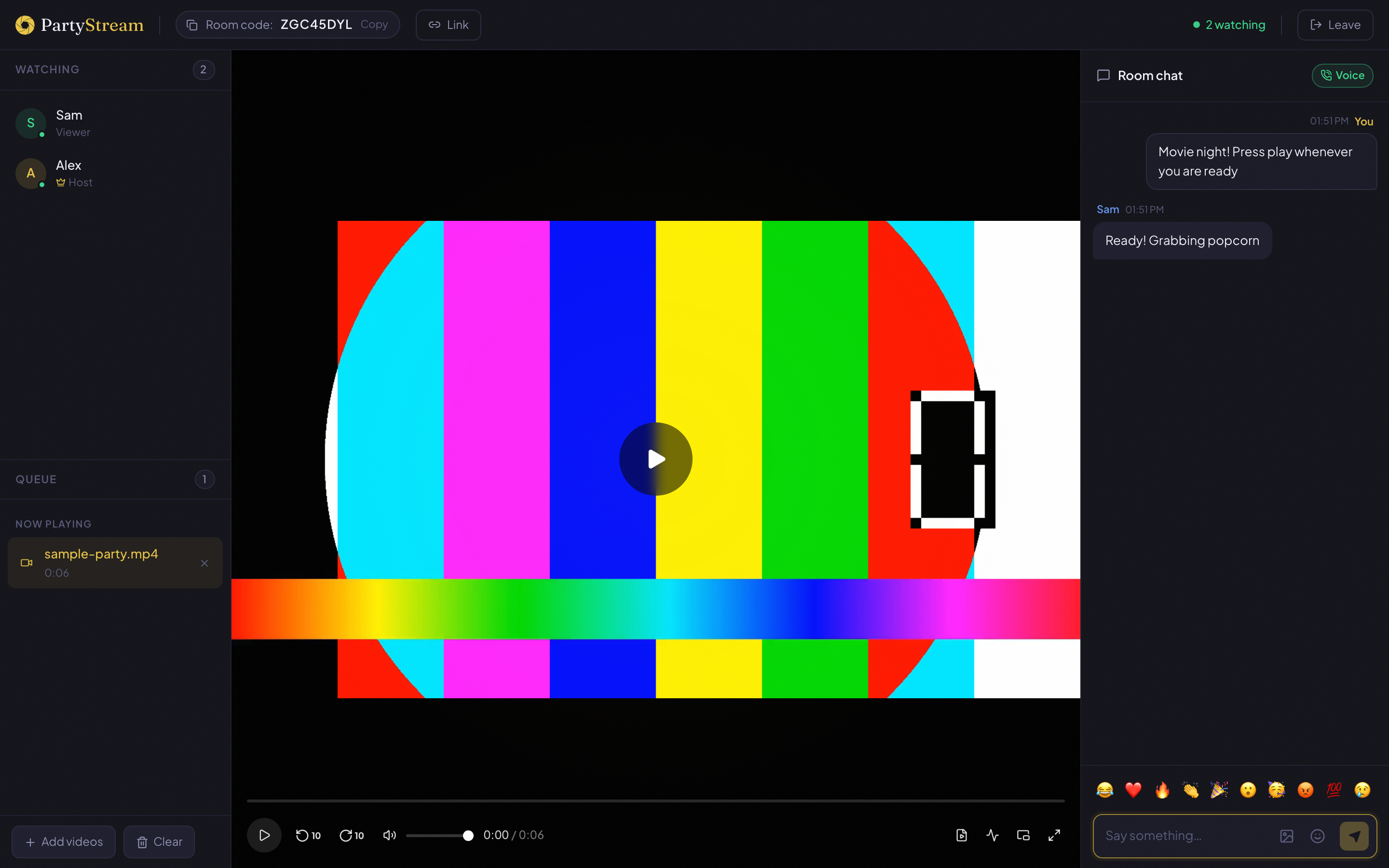 A PartyStream room with a file-based video playing in the center, chat on the right, participants and queue on the left.