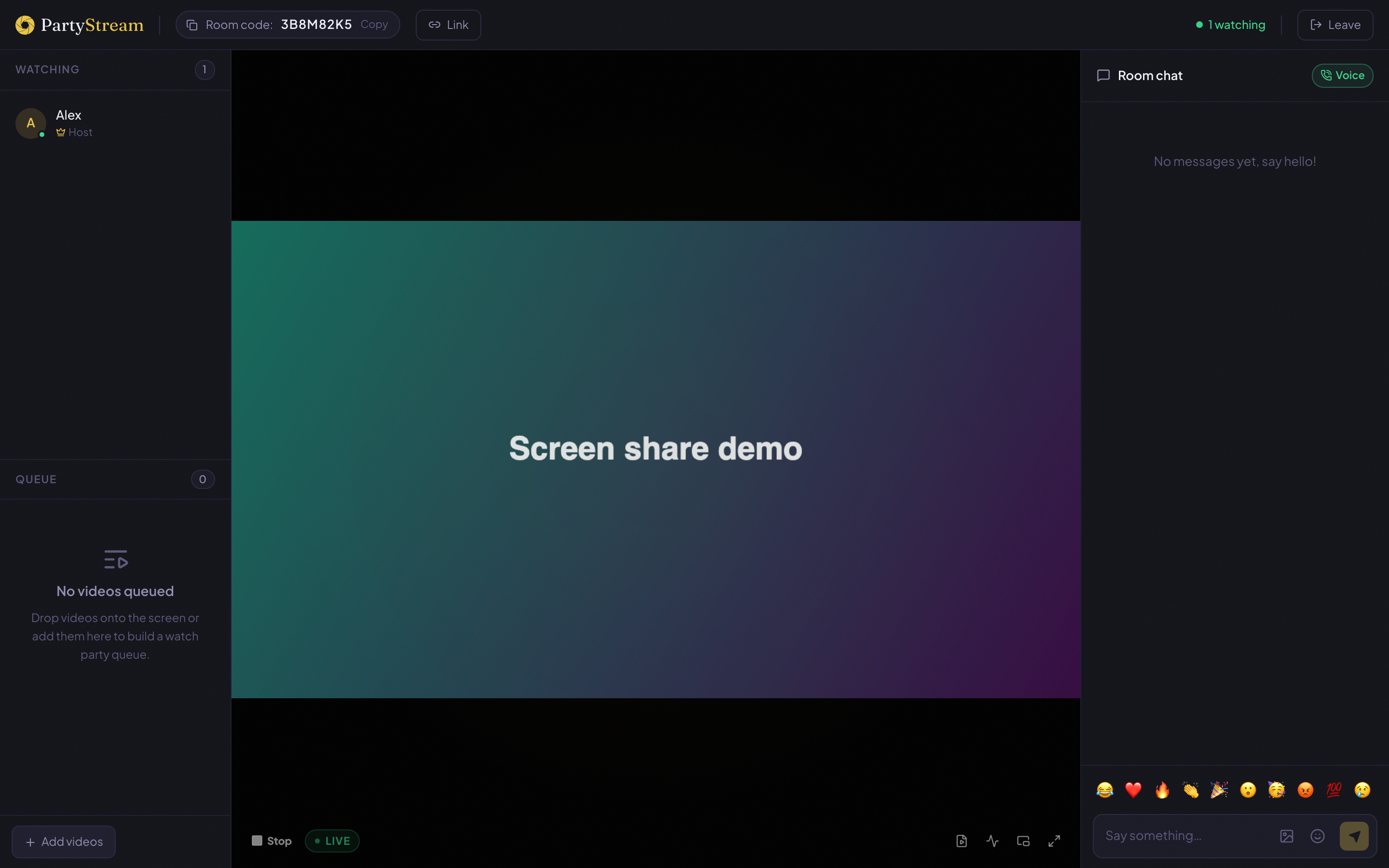 A PartyStream room where the host is sharing their screen. A gradient with the text Screen share demo is visible in the video area.