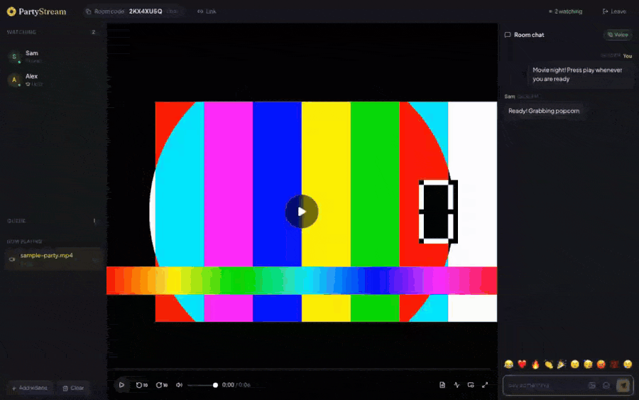 Emoji reactions floating up across the PartyStream video area in real time.